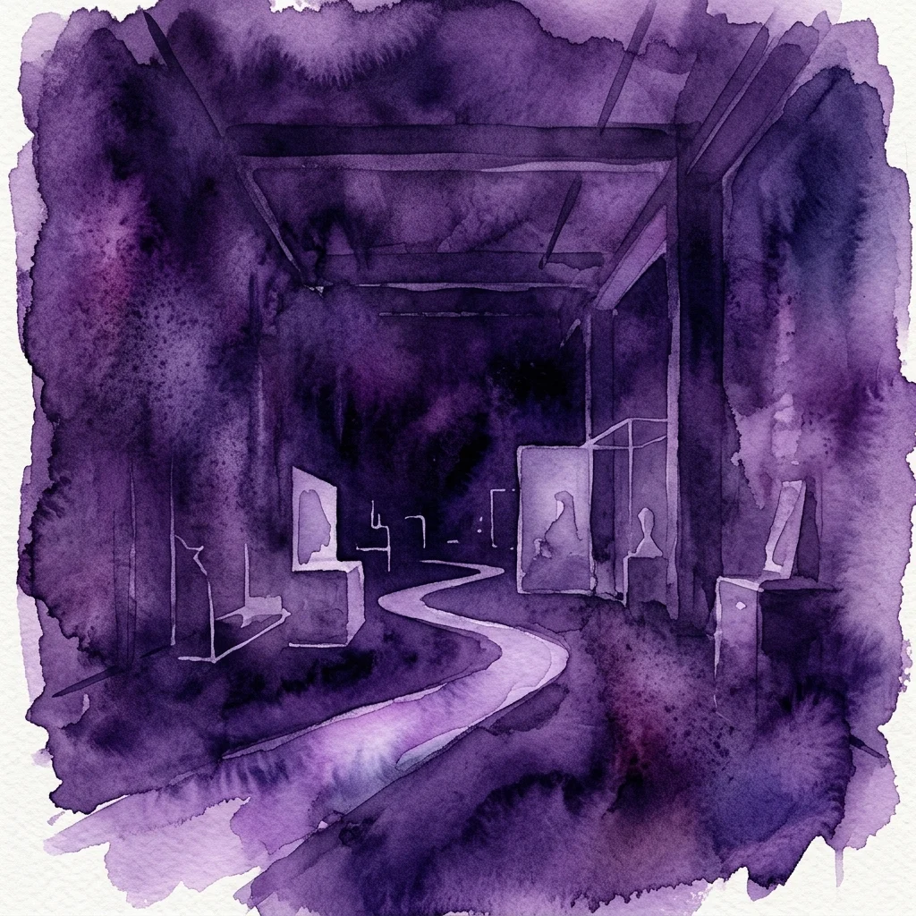 Una representación en acuarela de la exposición 'Dust Never Sleeps' de Cinthia Marcelle en la Secession, que muestra un espacio de galería oscuro y de tonalidad púrpura con caminos más claros y exhibiciones silueteadas, evocando temas de decadencia y tiempo.