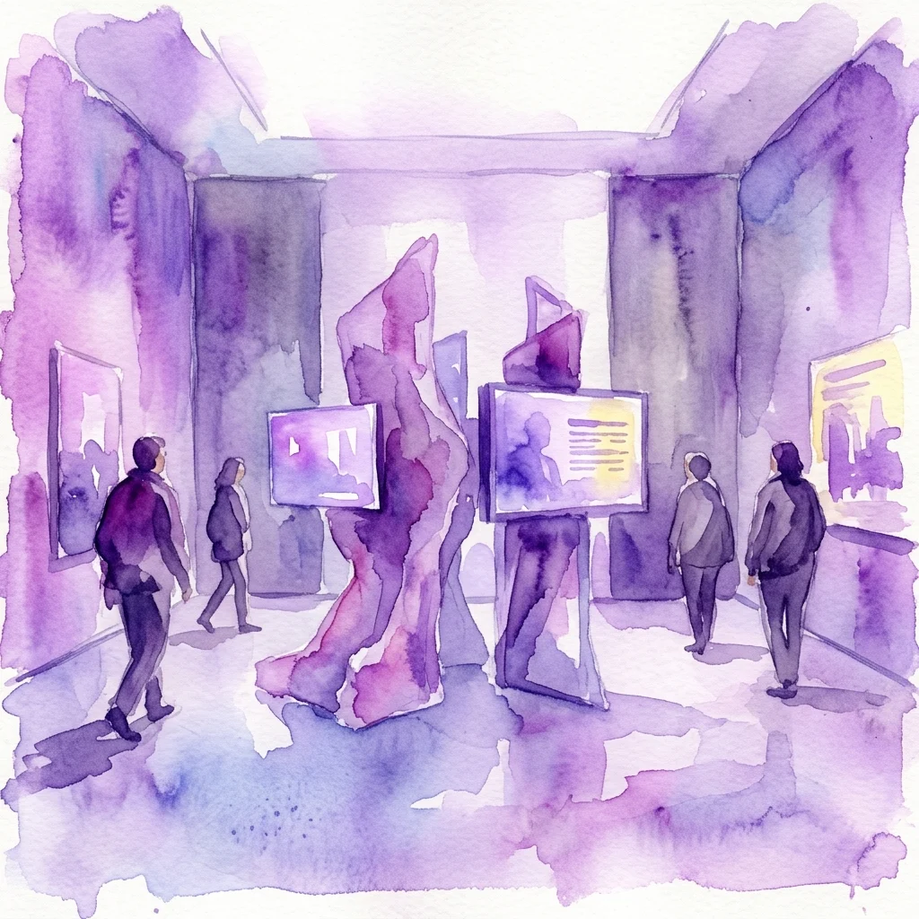Ilustracja akwarelowa wystawy w galerii sztuki przedstawiająca abstrakcyjne rzeźby i ekrany wideo, ukazująca zwiedzających wchodzących w interakcję z instalacjami eksplorującymi debatę Mach vs. Boltzmann.
