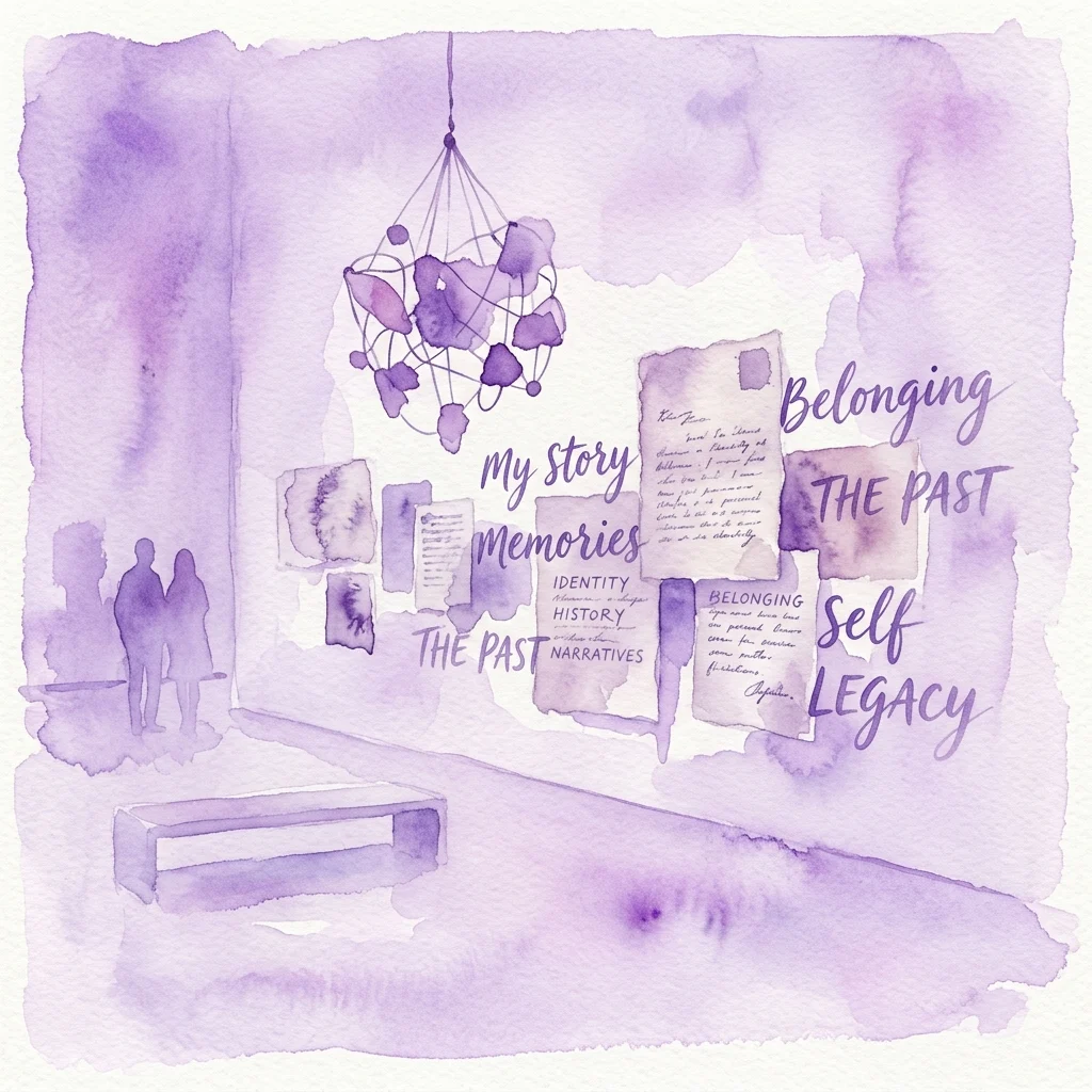 Watercolor illustration of an art exhibition featuring conceptual installations, historical documents, and calligraphic text fragments exploring themes of identity, memory, and legacy in a minimalist gallery space.