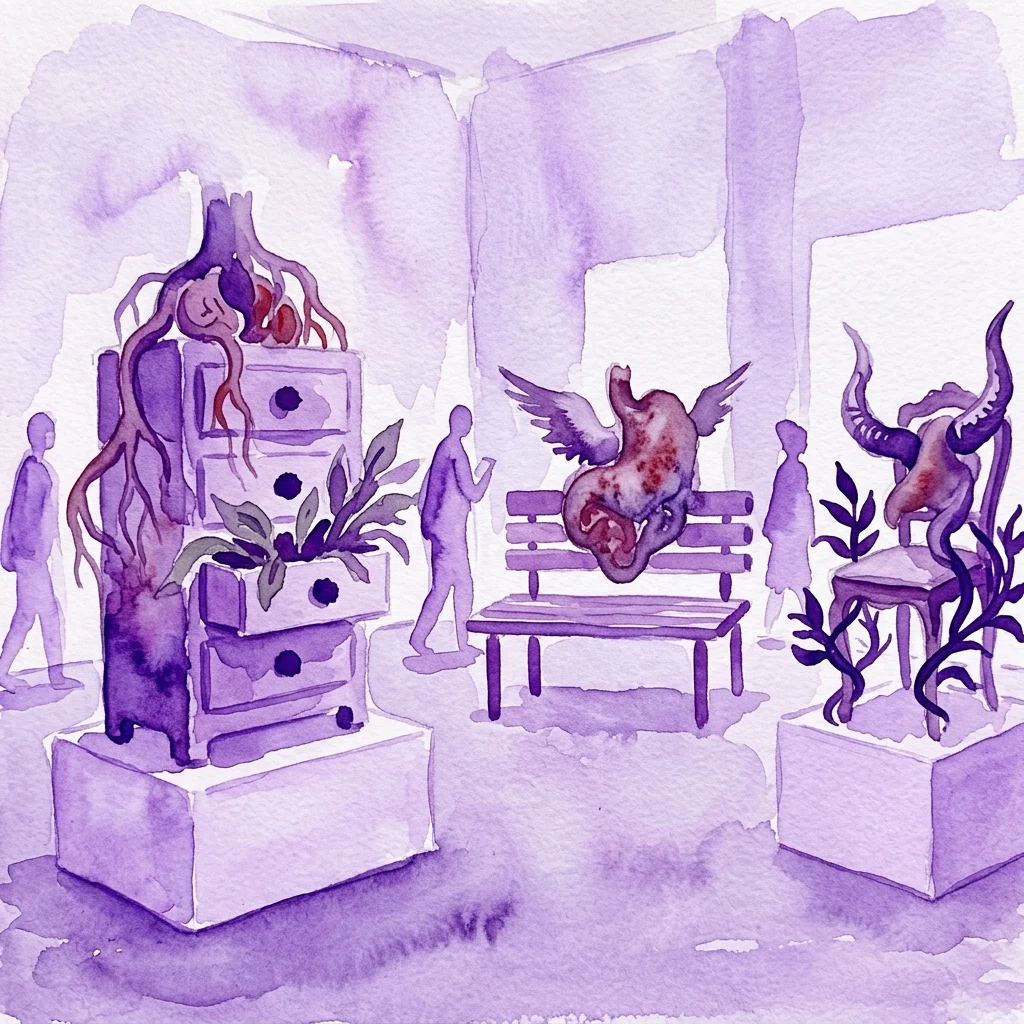 Ilustración en acuarela de una exposición de arte contemporáneo de Daniel Dewar y Grégory Gicquel, que presenta esculturas que combinan formas de muebles con elementos orgánicos como órganos internos, plantas y partes de animales, creando una atmósfera intrigante e inquietante.