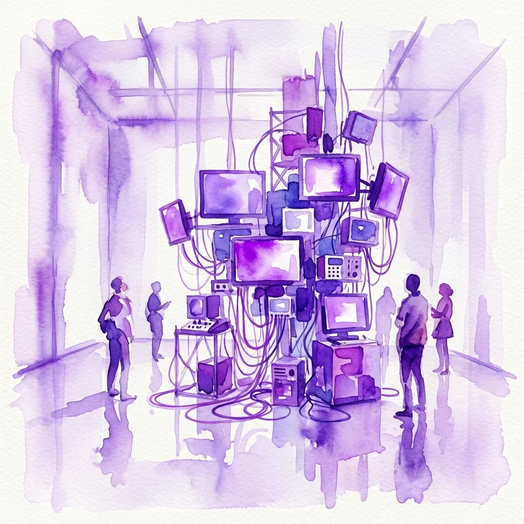 Una ilustración en acuarela de una instalación de arte contemporáneo que presenta una compleja variedad de equipos electrónicos, monitores y cables en un espacio de galería minimalista con espectadores observando.