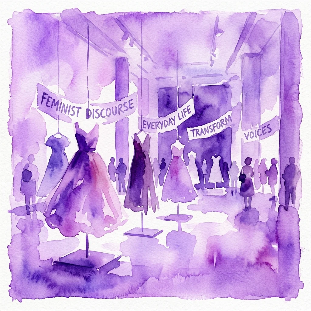 Ilustración en acuarela de una exposición de arte que presenta vestidos en maniquíes y pancartas con textos como 'Feminist Discourse,' 'Everyday Life,' y 'Transform,' que representan un espacio de galería con temática feminista.