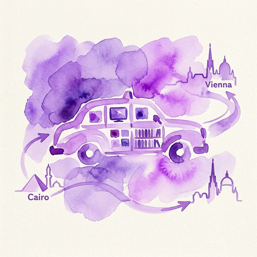 A watercolor illustration of a taxi with video screens and bookshelves, symbolizing a mobile video library traveling between Cairo and Vienna, representing the art project 'Das Experiment 3'.
