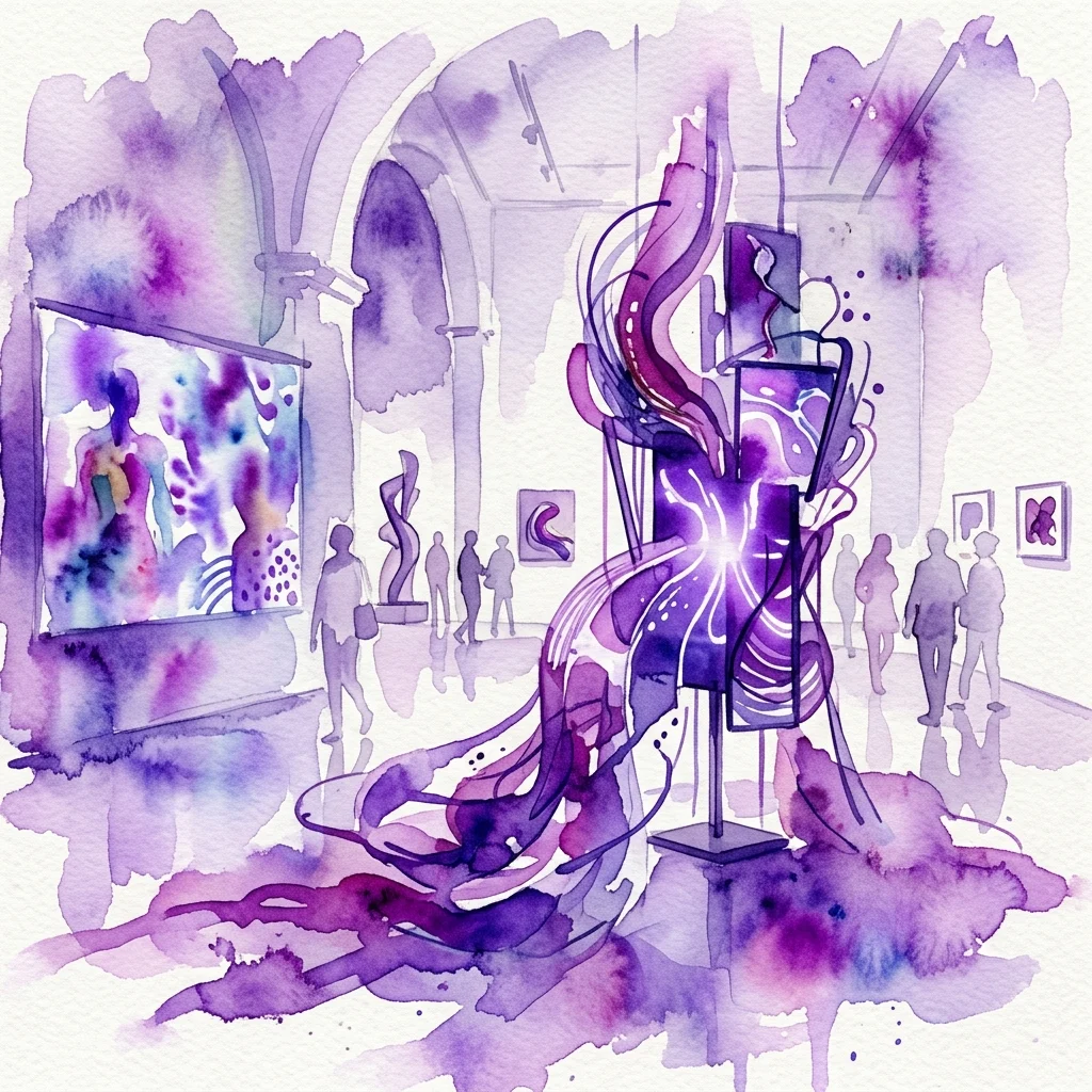 Ilustración en acuarela de una exposición de arte abstracto con tonos morados y azules, que presenta instalaciones de medios mixtos, videoarte y visitantes explorando espacios de galerías contemporáneas.