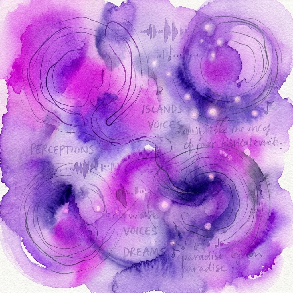 Obra de arte abstracta en acuarela en púrpura y rosa con patrones arremolinados, fragmentos de texto como 'PERCEPTIONS', 'VOICES', 'DREAMS' y 'paradise', y símbolos de ondas sonoras, que evocan un estado de ánimo contemplativo y desorientador.