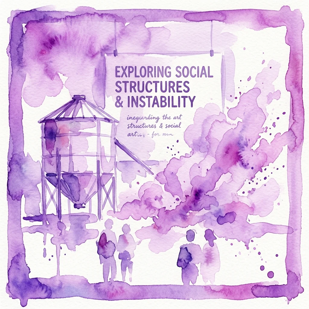 Watercolor illustration of a grain silo with people silhouettes, purple splashes, and text reading 'Exploring Social Structures & Instability' for an art exhibition.