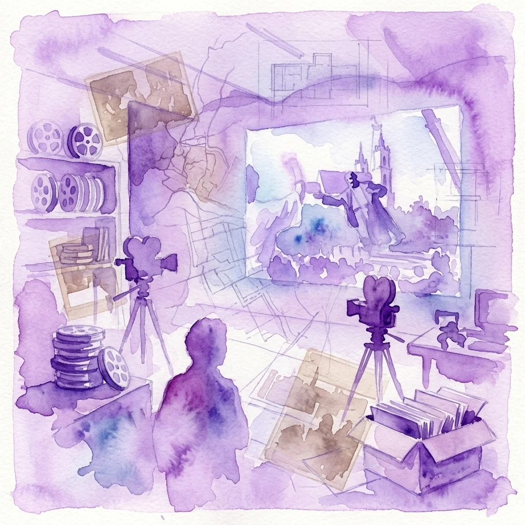Ilustración en acuarela del estudio de un artista con equipo de filmación, materiales de archivo y representaciones abstractas de la memoria y la historia, que reflejan el proceso contemplativo del artista lituano Deimantas Narkevičius.