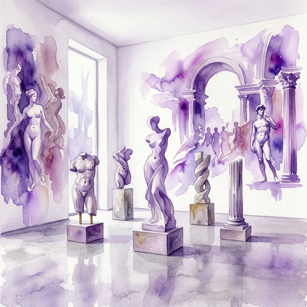 Watercolor illustration of Diana Al-Hadid's exhibition 'The Fates,' featuring abstract sculptures and wall murals inspired by classical antiquity and Renaissance art in a minimalist gallery space.