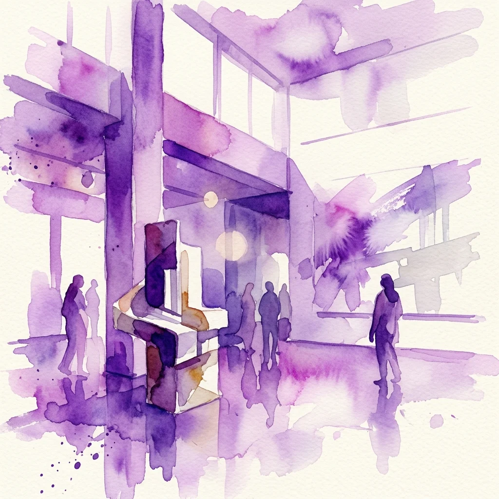 Ilustracja akwarelowa wnętrza wystawy sztuki w odcieniach fioletu, przedstawiająca sylwetki zwiedzających, elementy architektoniczne i abstrakcyjne instalacje, wywołująca kontemplacyjny nastrój.