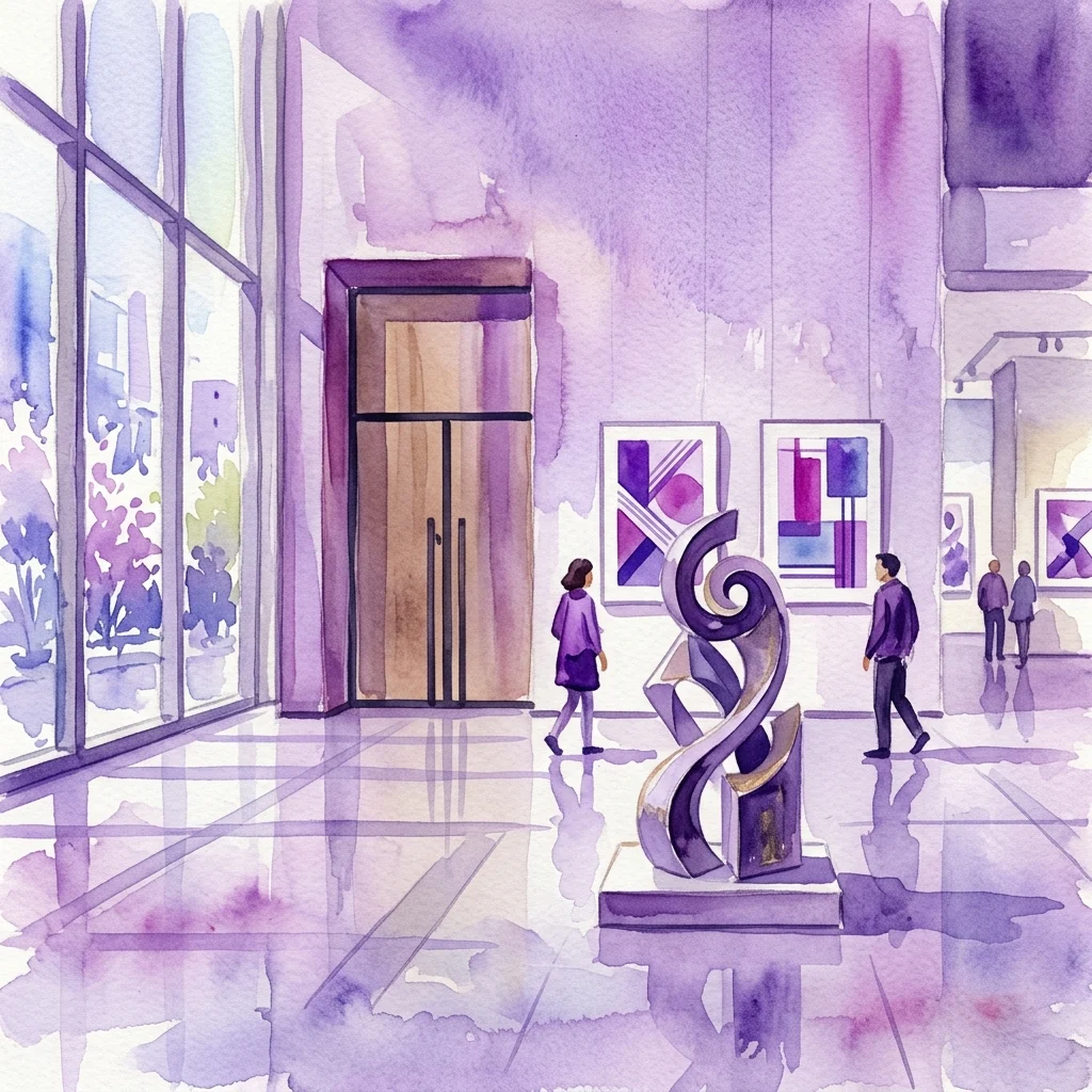 Watercolor illustration of an art gallery featuring Dike Blair's exhibition with abstract sculptures and paintings, showcasing architectural elements like doors and windows in a contemplative purple-hued space.
