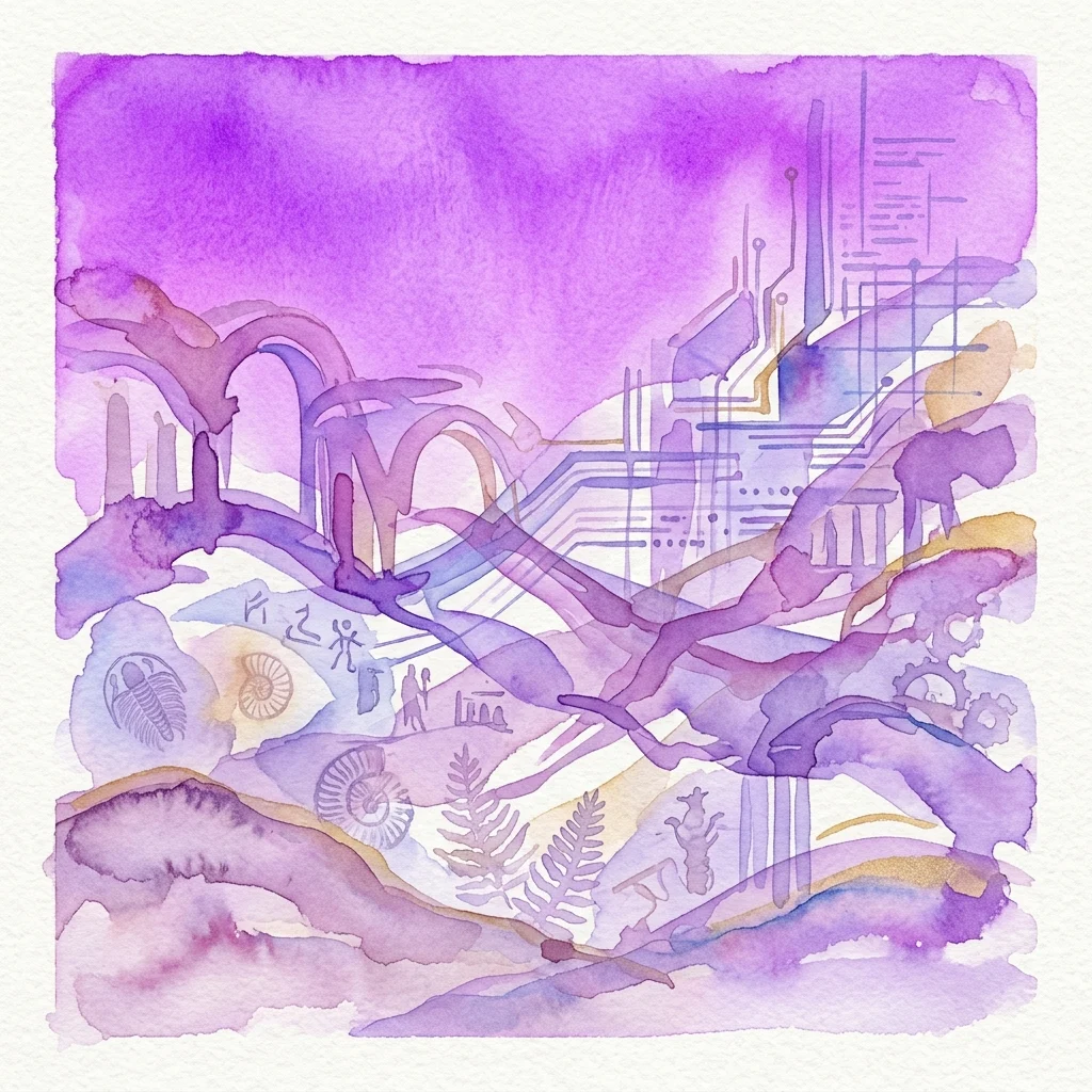 Abstract aquarelkunstwerk in paarse en gouden tinten, met gefossiliseerde vormen, circuitachtige patronen en menselijke figuren, die thema's als tijd, geschiedenis en technologie vertegenwoordigen uit de DIS-tentoonstelling 'How To Become A Fossil'.