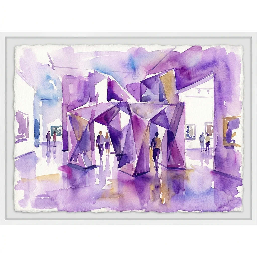 Watercolor illustration of Dominik Lang's 'Expanded Anxiety' exhibition, featuring a large purple geometric sculpture inspired by cubist architecture, with visitors exploring the immersive installation in a gallery space.
