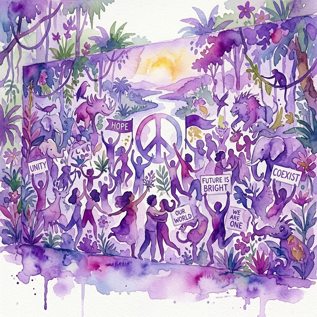 Un vibrante mural de acuarela de Dominique Gonzalez-Foerster que representa una reunión diversa de personas, animales y criaturas fantásticas en un exuberante entorno selvático, con carteles que dicen 'HOPE', 'UNITY', 'FUTURE IS BRIGHT' y un símbolo de paz, evocando una visión utópica de protesta y optimismo.