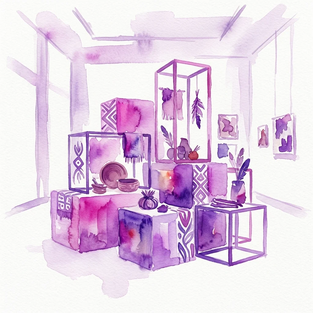 Una ilustración en acuarela de la exposición 'mâcistan' de Duane Linklater, que presenta estructuras modulares púrpuras con pertenencias personales y artefactos indígenas, reflejando temas de memoria y preservación cultural.