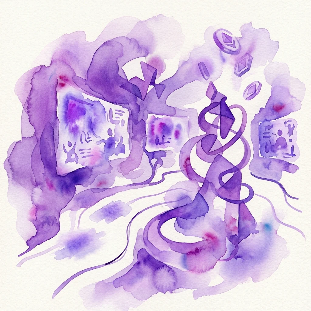 Abstract aquarelkunstwerk in paars- en lavendeltinten, met wervelende vormen, digitale schermen met figuren en zwevende geometrische vormen, die een mix van digitale en organische elementen oproepen.