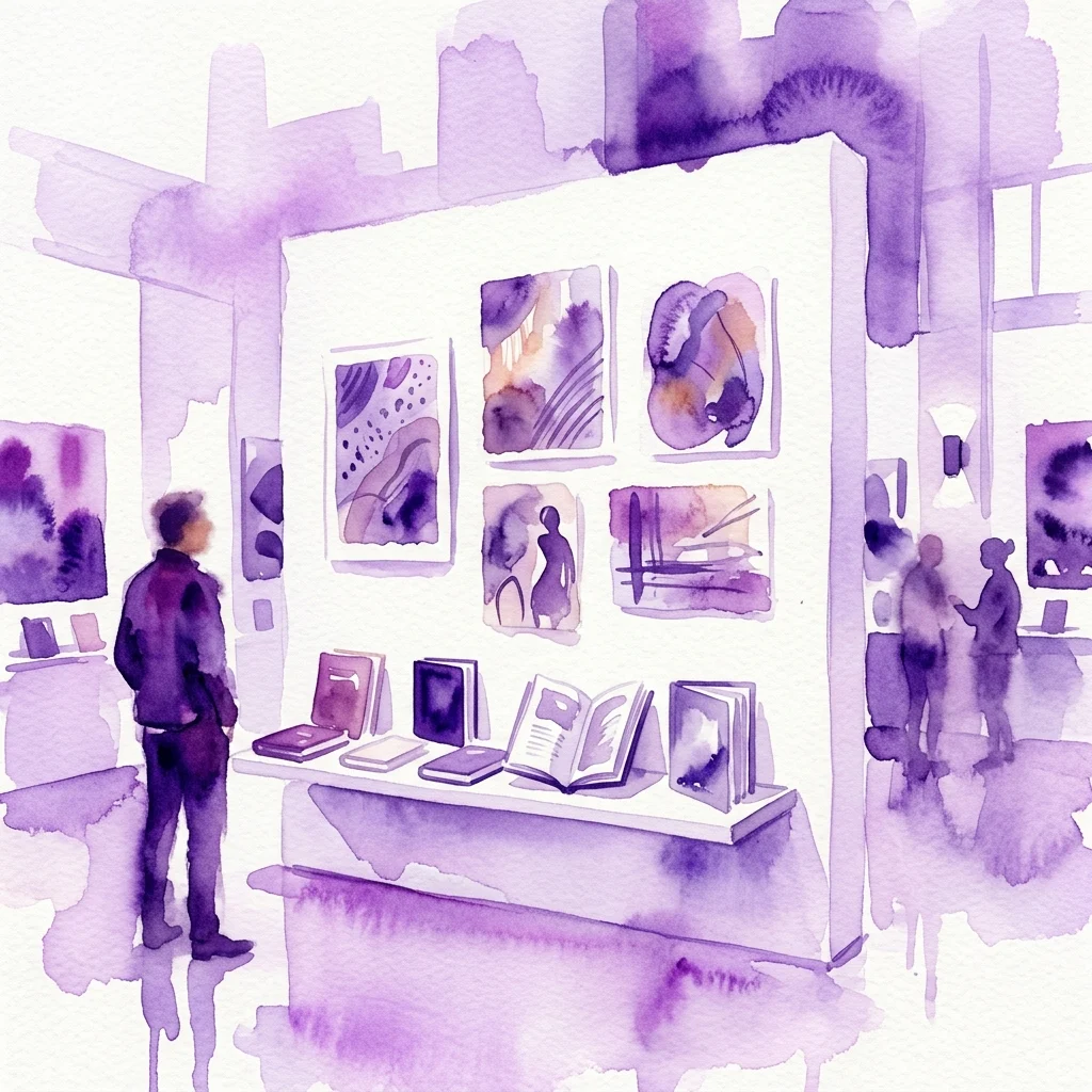 Een aquarelillustratie van een kunstexpositie met limited edition prints en kunstenaarsboeken tentoongesteld in een galerie. Bezoekers bekijken de werken, wat de democratisering van kunst door middel van edities benadrukt.