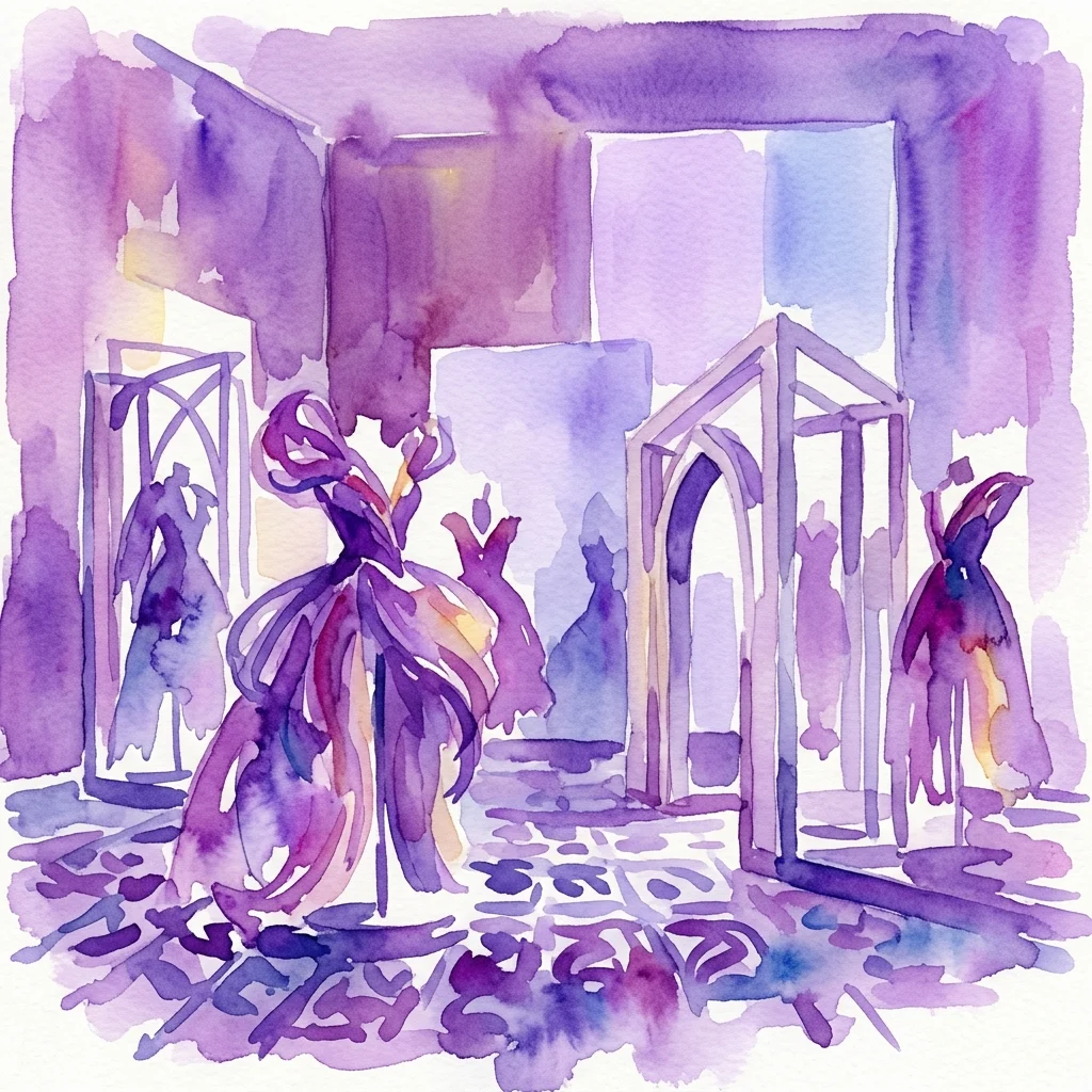 Ilustracja akwarelowa instalacji artystycznej przedstawiającej abstrakcyjne rzeźby przypominające kostiumy i elementy architektoniczne w odcieniach fioletu i błękitu, przywołująca przestrzeń teatralną.