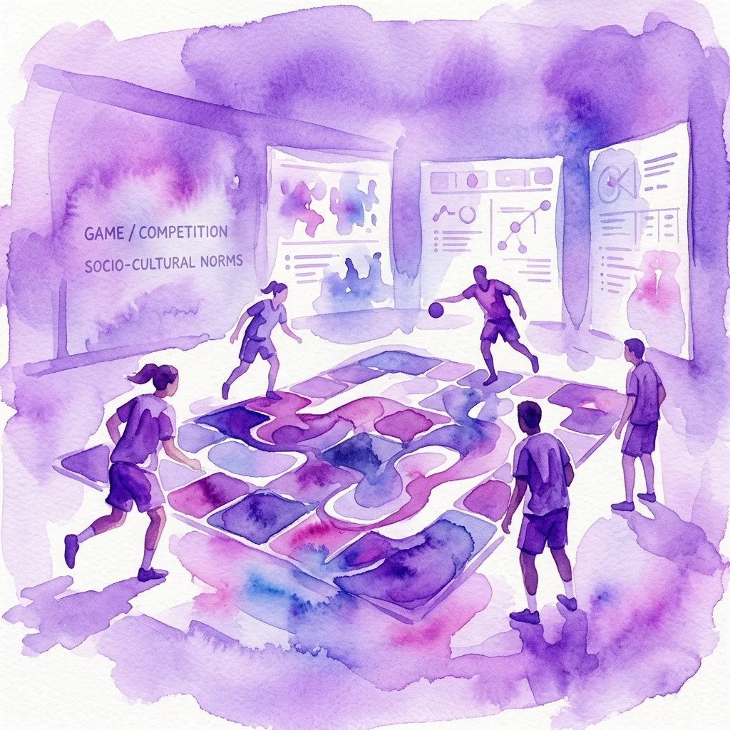 Ilustracja akwarelowa instalacji filmowej przedstawiającej ludzi w mundurach bawiących się na kolorowej planszy, z tekstem 'GAME / COMPETITION' i 'SOCIO-CULTURAL NORMS' w tle.
