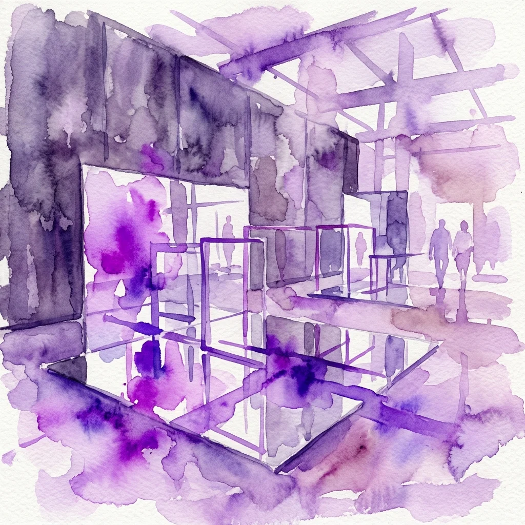 Wodna akwarela przedstawiająca współczesną instalację artystyczną Evy Schlegel z ołowianymi ścianami i lustrzaną podłogą w minimalistycznej galerii, tworzącą dezorientujące perspektywy.