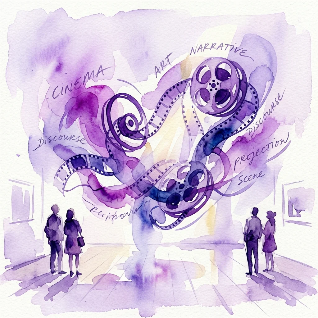 Waterverfillustratie van een galerie-installatie met verstrengelde filmrollen en filmstroken met woorden als 'CINEMA', 'ART', 'NARRATIVE' en 'DISCOURSE'. Silhouetten van bezoekers bekijken het kunstwerk in een moderne tentoonstellingsruimte.