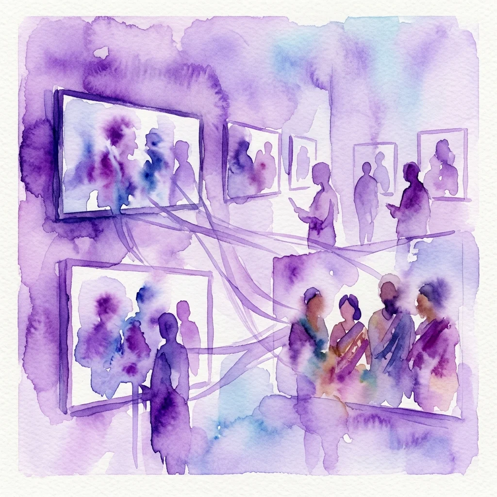 Watercolor illustration of a gallery space with visitors viewing video art and photography installations, featuring a purple and blue color palette.