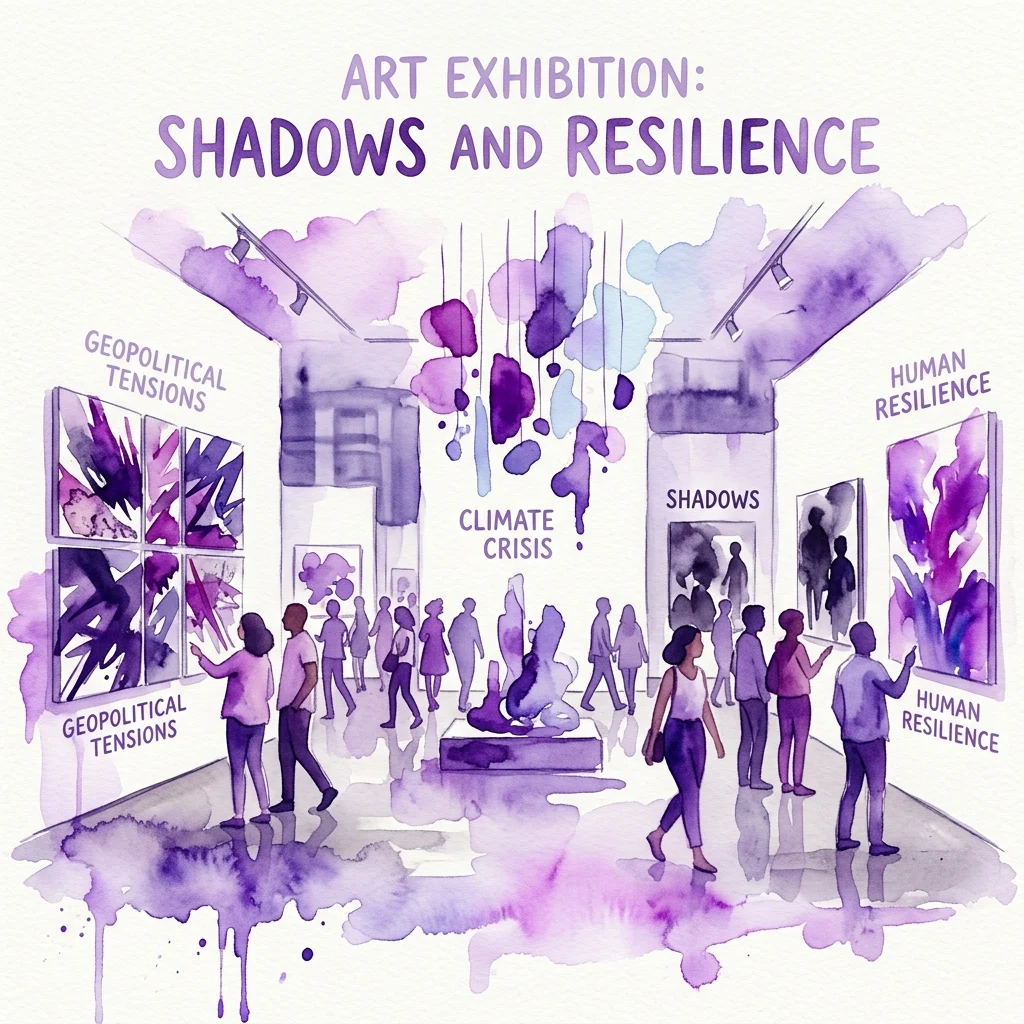 Watercolor illustration of an art exhibition titled 'Shadows and Resilience,' featuring visitors viewing artworks under themes like geopolitical tensions, climate crisis, and human resilience in a modern gallery space.