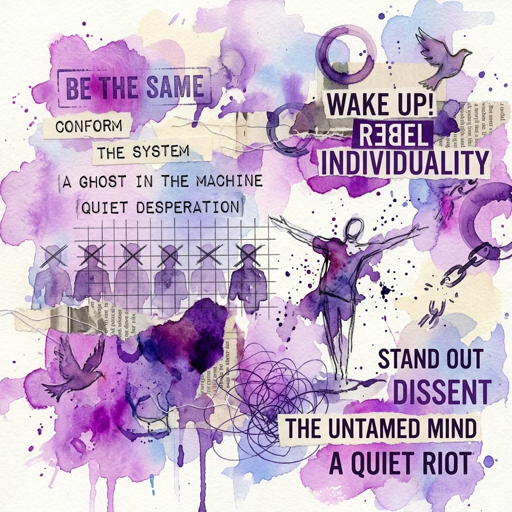 Obra de arte collage de la exposición "A Torment of Follies" de Frances Stark, con fragmentos de texto como "BE THE SAME" (SÉ EL MISMO), "WAKE UP! REBEL" (¡DESPIERTA! REBÉLATE) y "STAND OUT DISSENT" (DESTACA DISIENTE) sobre salpicaduras de acuarela morada e imaginería simbólica de conformidad y rebelión.