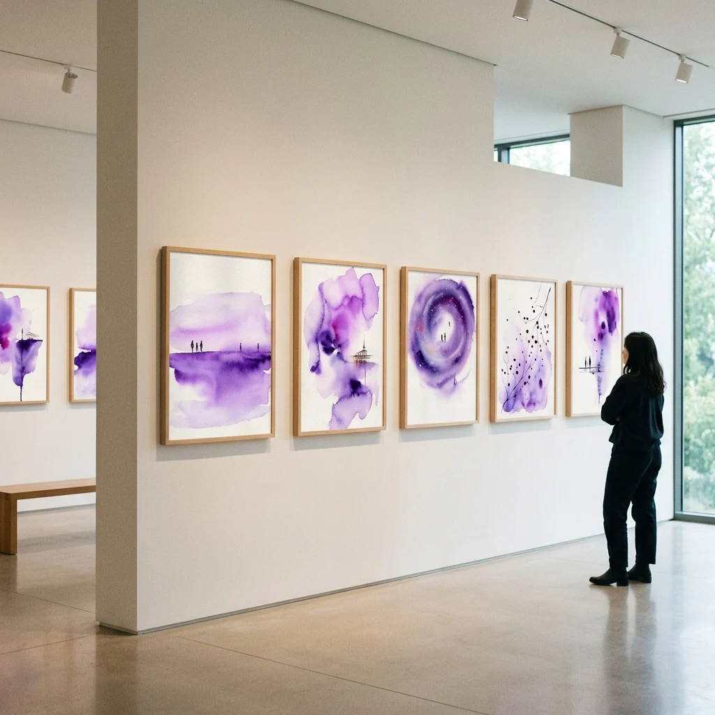 A visitor views a series of minimalist abstract paintings with purple watercolor washes and small figures, displayed in a modern gallery space as part of Francis Alÿs's exhibition 'Le temps du sommeil'.