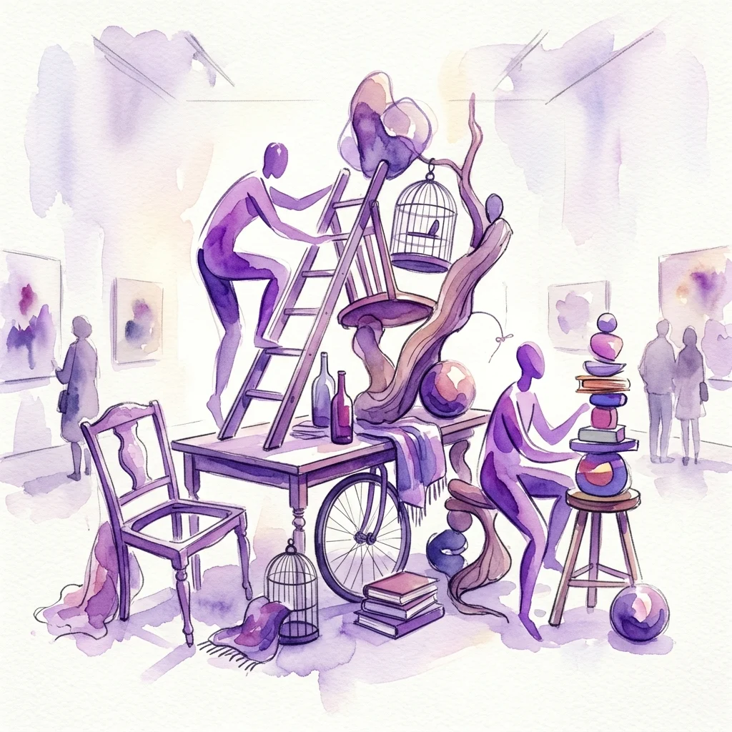 Een surrealistische aquarelillustratie van Francis Upritchard's sculpturale installatie met gestileerde paarse figuren die interageren met hergebruikte objecten zoals een ladder, vogelkooi en gestapelde boeken in een galerie setting.
