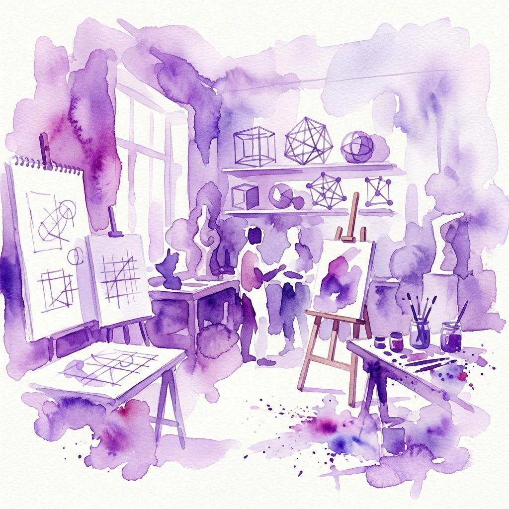 Een aquarelillustratie van een kunstenaarsatelier met conceptuele tekeningen, geometrische sculpturen en ezel, die František Lesáks verkenning van perceptie en ruimtelijke systemen weergeeft.