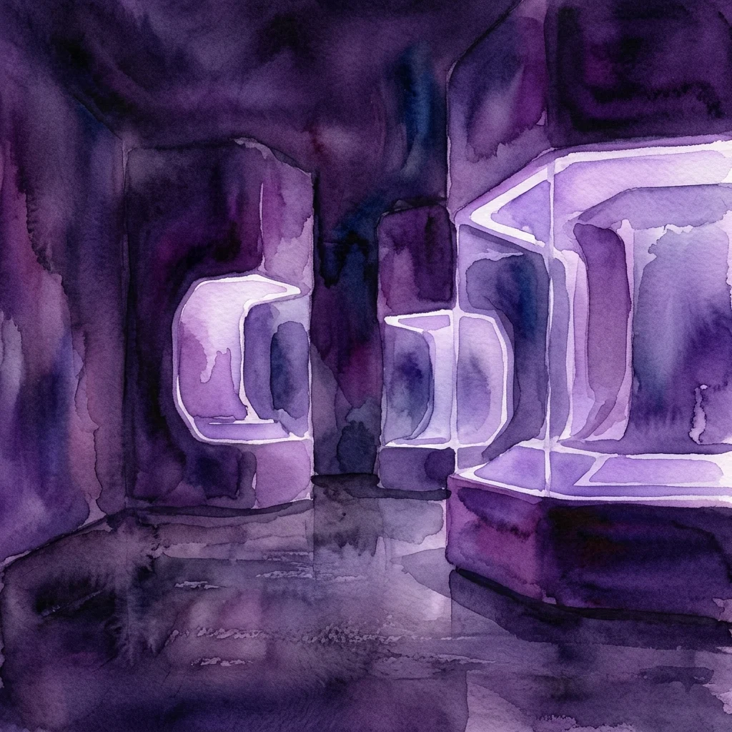 Abstracte aquarelvoorstelling van een tentoonstellingsruimte met gloeiende paarse structuren en gedimd licht, die de installatie van Gabriel Sierra over toekomstige percepties weergeeft.