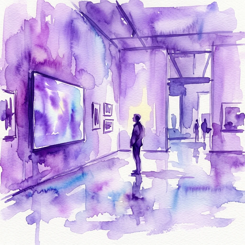 Ilustracja akwarelowa galerii sztuki w odcieniach fioletu, przedstawiająca odwiedzającego obserwującego dużą instalację wideo i oprawione fotografie na ścianach.