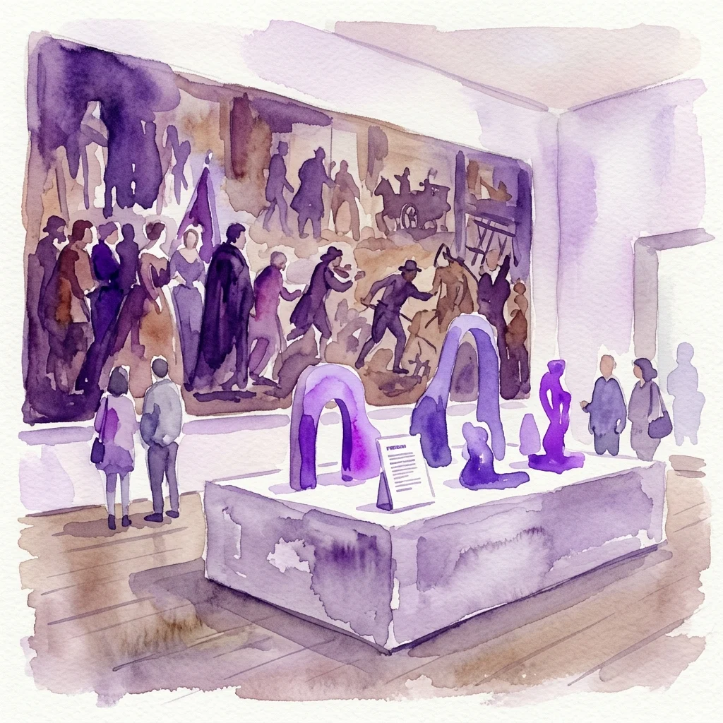 Ilustracja akwarelowa instalacji Gerwalda Rockenschauba „Plattform” w galerii, przedstawiająca podwyższoną platformę z fioletowymi rzeźbami i duże malowidło ścienne „Beethovenfries” Gustava Klimta w tle, z odwiedzającymi obserwującymi dzieło sztuki.