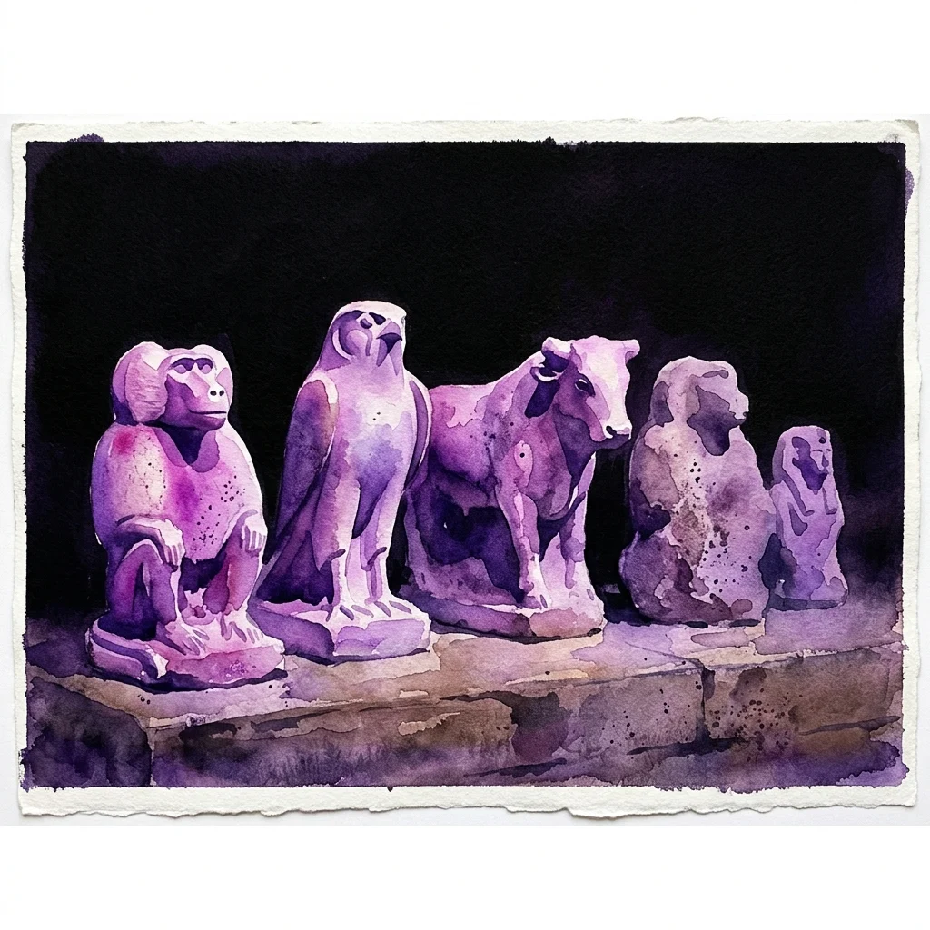 Acuarela de cinco antiguas esculturas de piedra egipcias —un babuino, un halcón, un toro y dos figuras humanas— iluminadas dramáticamente en púrpura sobre un fondo negro, por el artista Hannes Böck.