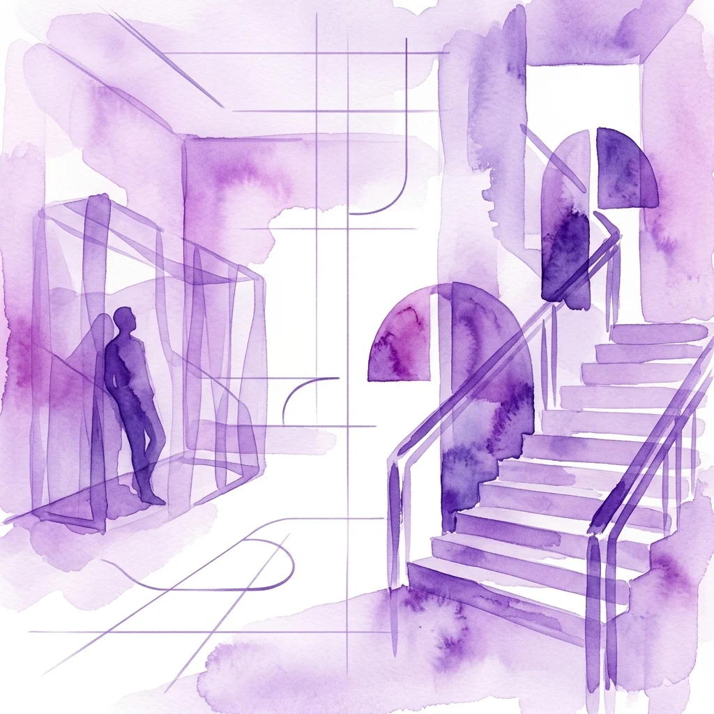 Een paarse aquarelillustratie van een kunstinstallatie met een trap en een figuur in een transparante behuizing, onderdeel van de tentoonstelling van Hannes Zebedin in de Secession.