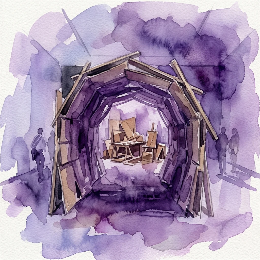 Ilustración en acuarela de la entrada de un túnel de madera que conduce a un estudio de artista recreado con caballetes y estructuras de cartón, parte de la exposición de Hans Schabus 'Astronaut (Komme gleich)' en la Secession.