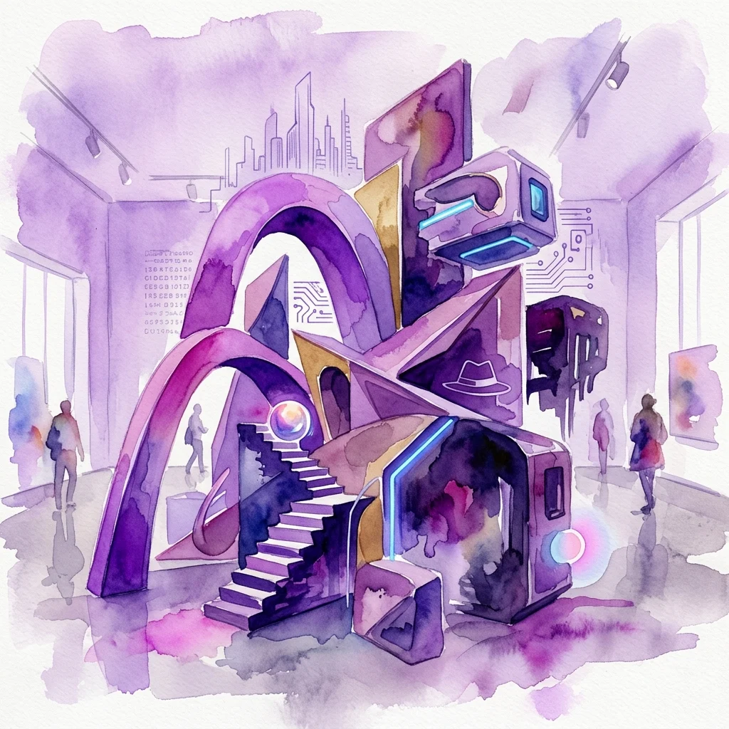 Una ilustración en acuarela de la instalación de la exposición de Hans Weigand de 2001, con formas arquitectónicas abstractas en púrpura y dorado, elementos retrofuturistas y visitantes explorando el espacio de la galería.