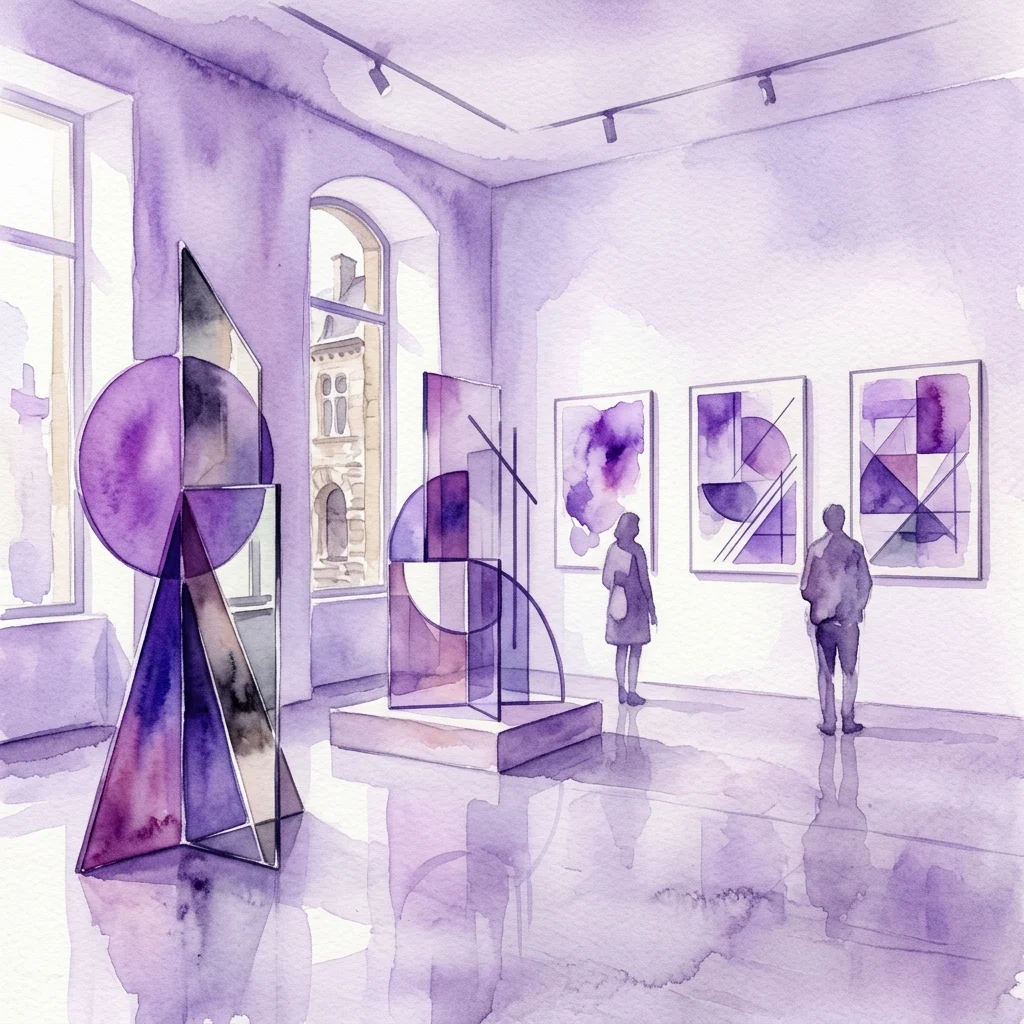 Ilustracja akwarelowa wystawy Haris Epaminonda „VOL. XXIII” z abstrakcyjnymi geometrycznymi rzeźbami i obrazami w minimalistycznej galerii o fioletowych tonach i odbijających powierzchniach.