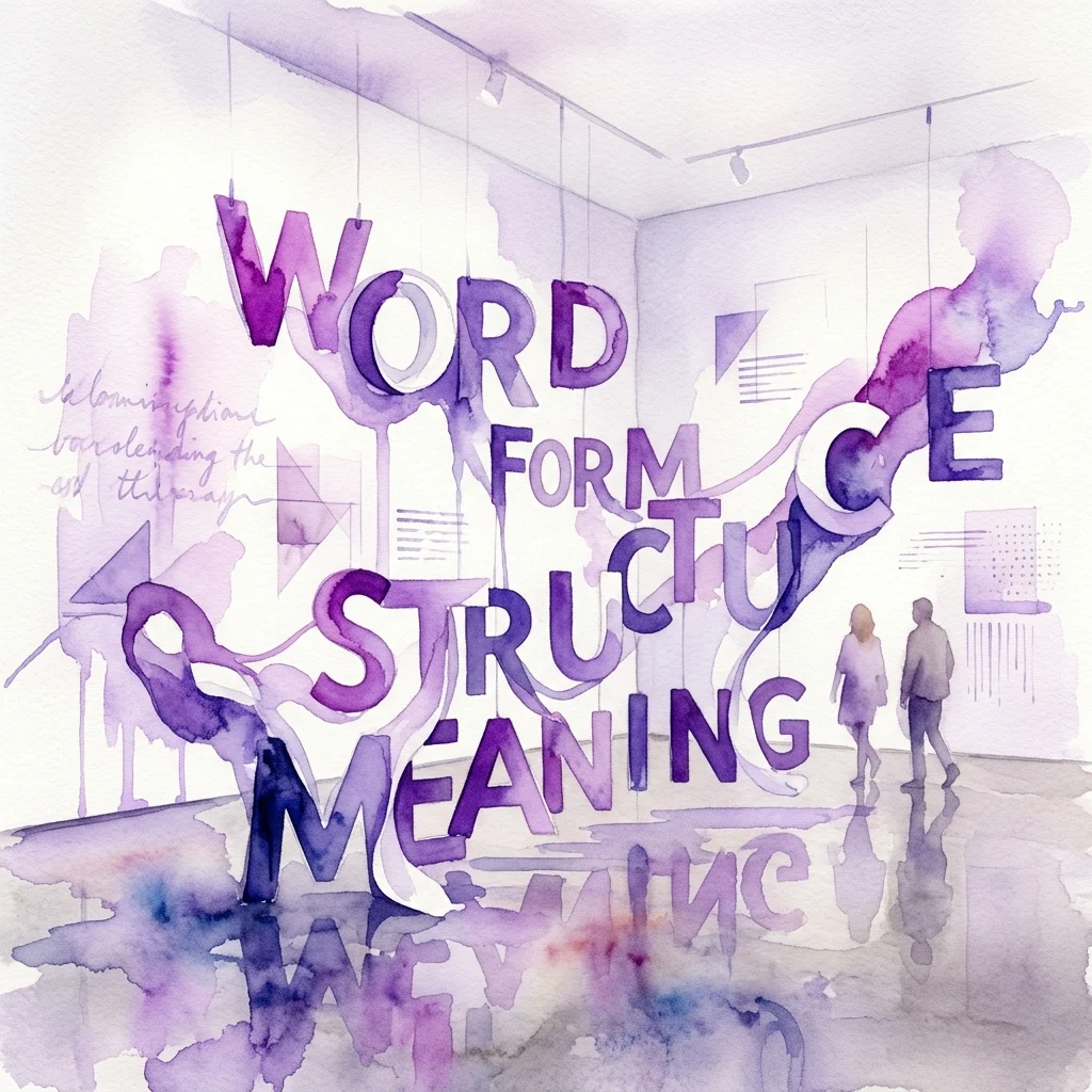 Abstracte kunstinstallatie van Heinrich Dunst in de Secession, met grote sculpturale letters die 'WORD', 'FORM', 'STRUCTURE' en 'MEANING' spellen in paarse aquarel, terwijl bezoekers het werk in een galerie bekijken.