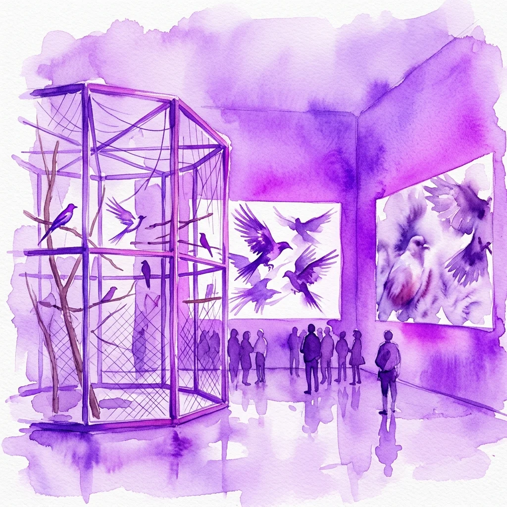 Una instalación artística de Henrik Håkansson que presenta una gran pajarera y proyecciones de aves en vuelo en las paredes de la galería, vista por los visitantes en un espacio de exposición minimalista.