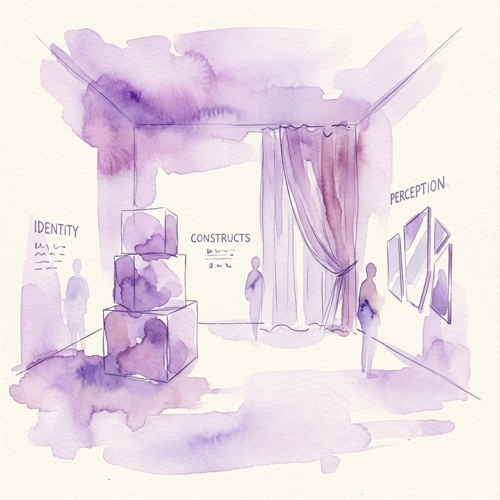 Watercolor illustration of an art gallery installation with labeled sections: IDENTITY, CONSTRUCTS, and PERCEPTION, featuring geometric forms, a draped curtain, and silhouetted figures observing the space.
