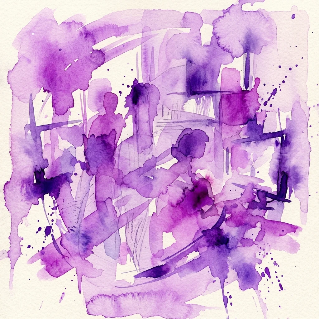Obra de arte abstracta en acuarela en tonos morados y violetas, con salpicaduras, lavados y trazos gestuales sobre papel texturizado, evocando una sensación de movimiento y profundidad en capas.