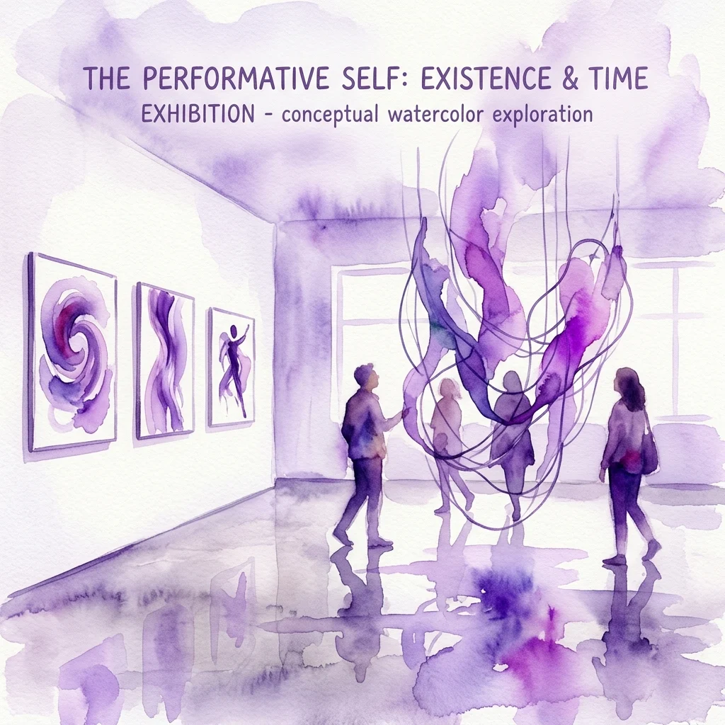 Waterverfillustratie van een galerie met bezoekers die abstracte kunstwerken aan de muren bekijken en een grote hangende sculptuur, onder de titel 'The Performative Self: Existence & Time' tentoonstelling.