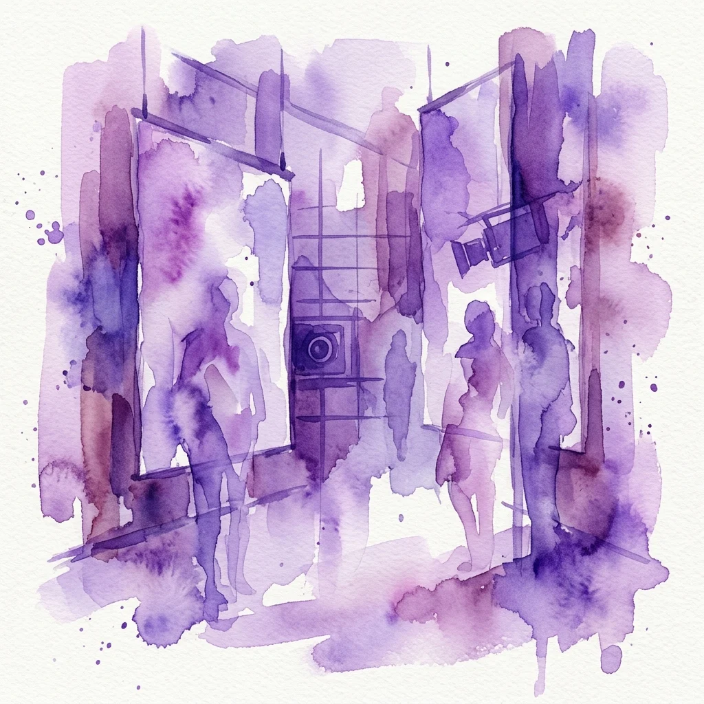 Una ilustración púrpura en acuarela de un espacio de galería con siluetas de personas observando instalaciones de arte, incluyendo una cámara y pantallas, evocando un ambiente contemplativo.