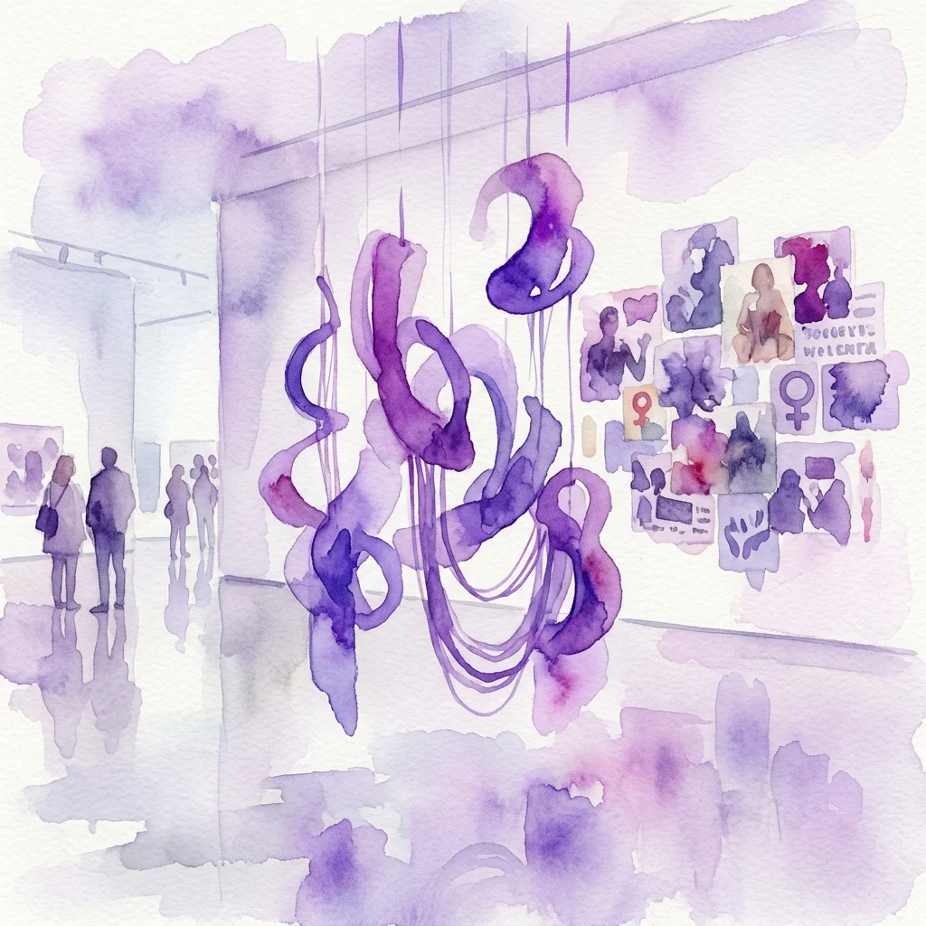 A watercolor-style illustration of Ines Doujak's exhibition 'Vater Arsch' at the Secession, featuring abstract purple sculptural elements hanging from the ceiling and a wall display of photographic collages exploring societal norms.