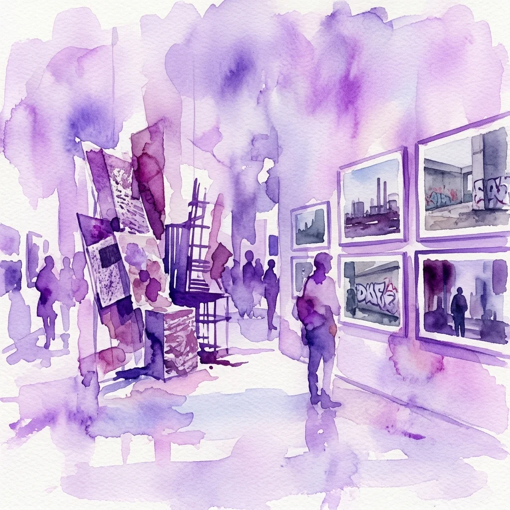 Ilustración en acuarela de una exposición de arte con tonos púrpuras, que presenta fotografías enmarcadas e instalaciones de técnica mixta en las paredes de la galería, representando paisajes urbanos y grafitis.