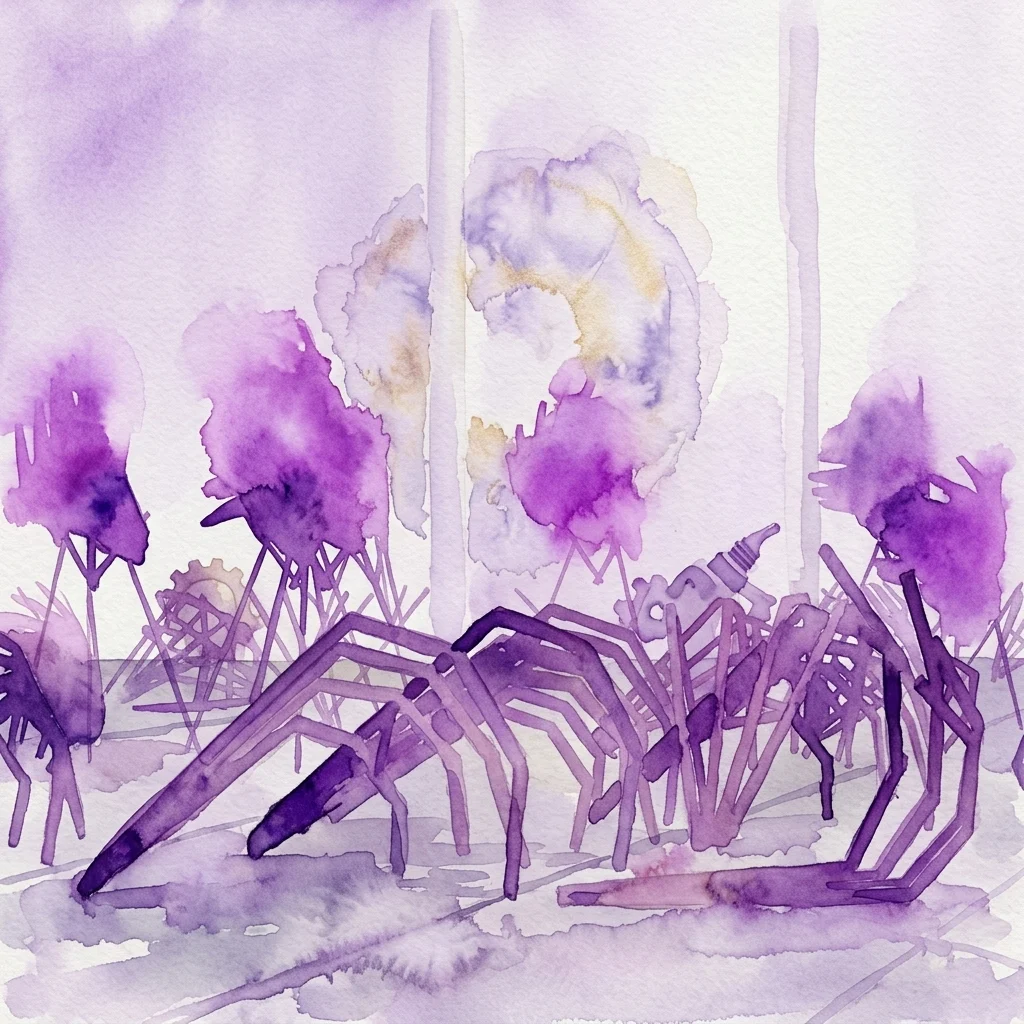 A watercolor illustration of a large, purple, spider-like sculpture made from salvaged machinery parts, set against a minimalist gallery backdrop with abstract purple and yellow forms.