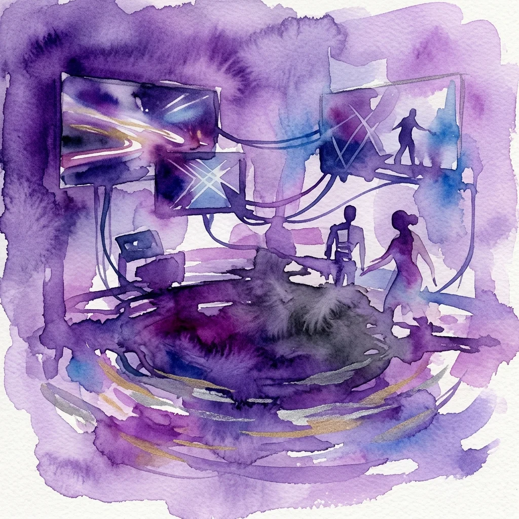 Ilustracja akwarelowa współczesnej instalacji wideo z wieloma ekranami, kablami i sylwetkami postaci w abstrakcyjnym, fioletowo-niebieskim otoczeniu.