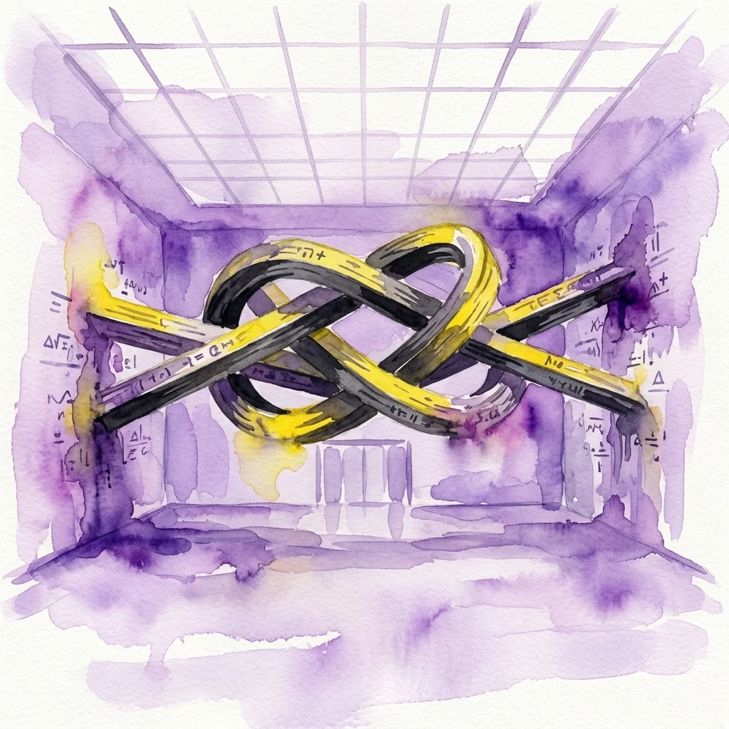 Ilustracja akwarelowa 'The Secession Knot (5.1)' autorstwa Jean-Luca Moulène'a, przedstawiająca skomplikowany węzeł z czarno-żółtych desek w przestrzeni galerii z równaniami matematycznymi i fioletowymi laserunkami.