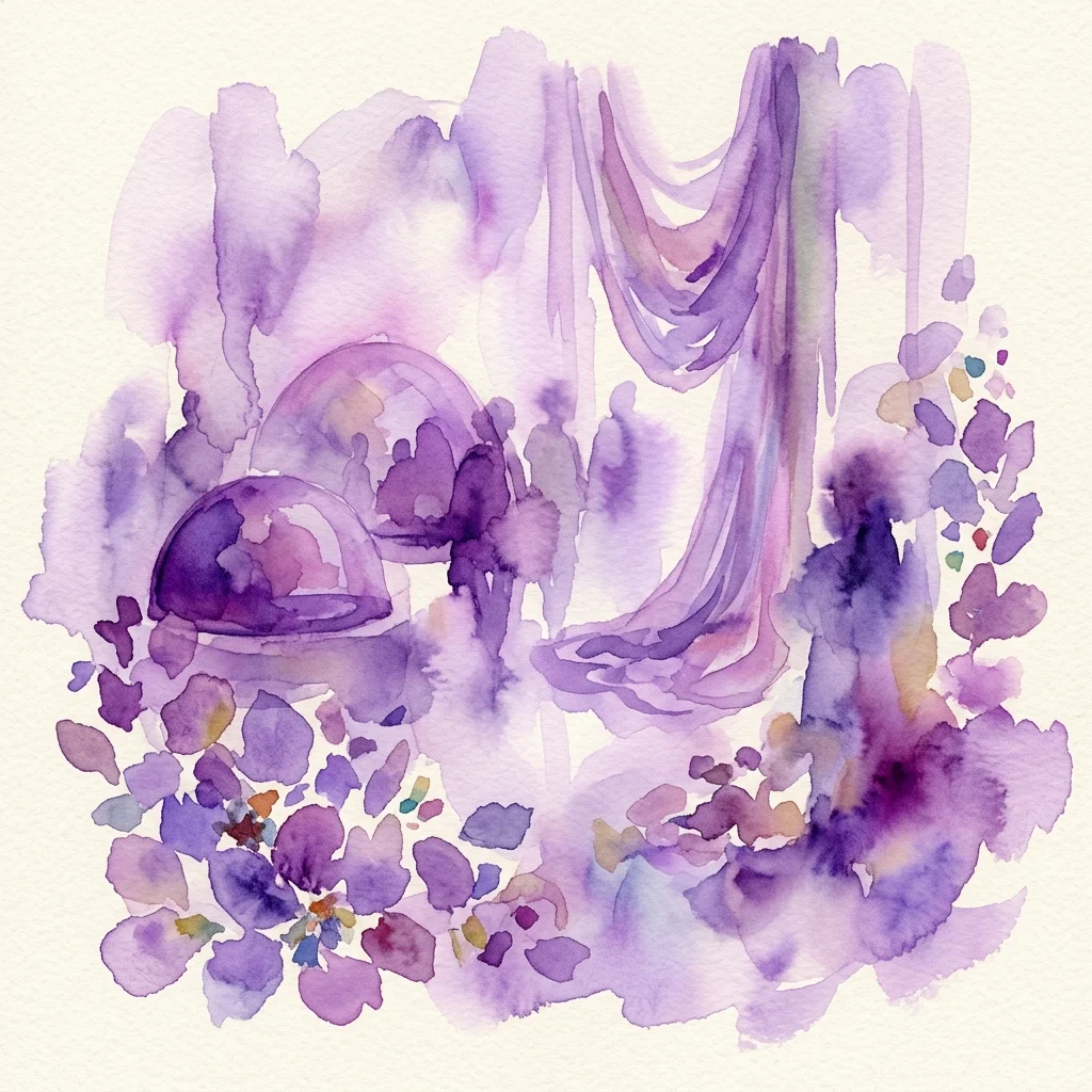 Waterverfkunstwerk met paarse en lavendeltinten en abstracte vormen die koepels, vloeiende stof en verspreide bloemblaadjes voorstellen, met thema's van transformatie en spiritualiteit.